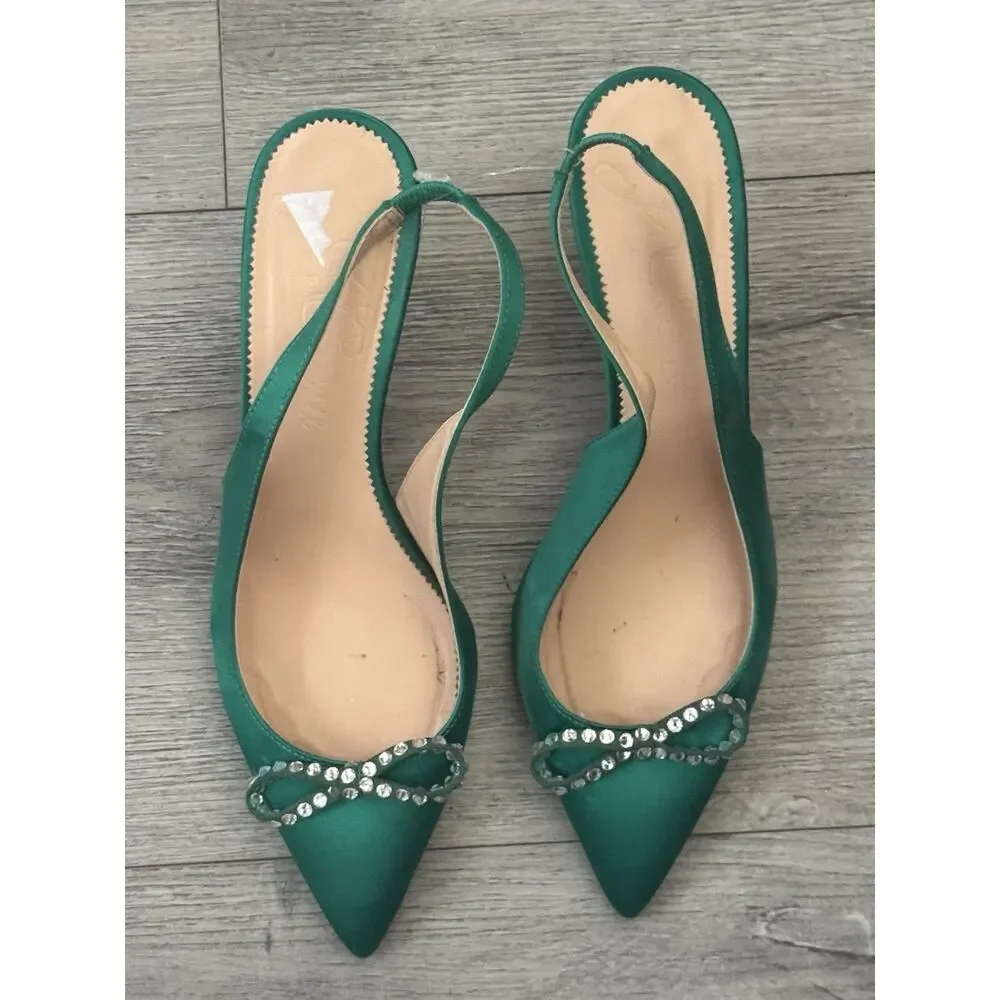 J. Crew Colette Jungle Green Slingback Pumps with Bow - Size 9